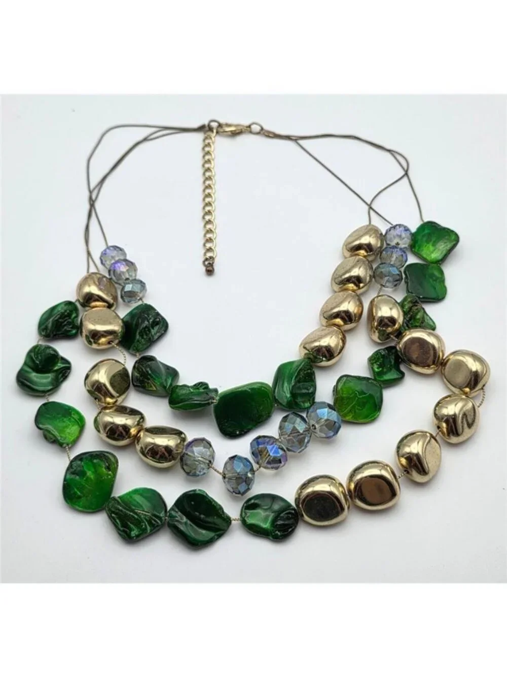 Green Dyed Mother of Pearl Gold Nugget Crystal Triple Strand Necklace 21 in Vtg.